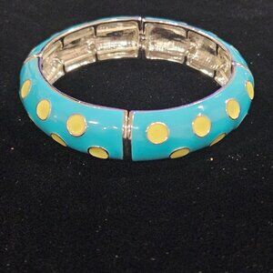 Polka Dot Turquoise Yellow Enamel Stretch Bracelet Size 7 Fun Retro Style Jewelr